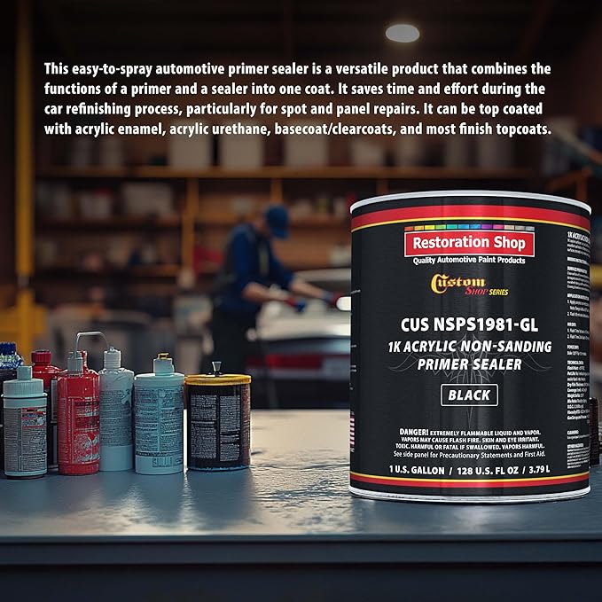 Custom Shop Premium 1K Acrylic Non-Sanding Primer Sealer Paint, Color Black, 1 Gallon - Fast Drying, Ready-To-Spray, Apply Over Automotive Primer Surfacers, Sanded Finishes - Topcoat Urethane, Enamel