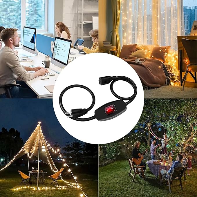 Heavy Duty Indoor/Outdoor Extension Cord Use, 6.56 FT Black Extension Cord with LED Light Switch On/Off, 1250W SJTW 18AWG 10A 125V AC,3 Prong Power Cord, UL Listed