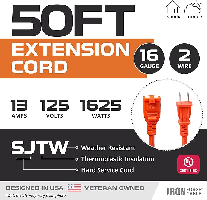 Iron Forge Cable 50 ft Outdoor Extension Cord 2 Prong, 16/2 SJTW Weatherproof Extension Cord Orange 50 Foot, Durable Power Cable for Outdoor Lights, Lawnmower & Home Office - ETL Certified
