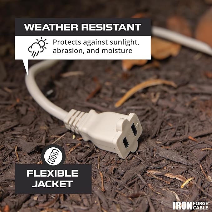 Iron Forge Cable 2 Prong Extension Cord 10 ft - 16 Gauge 13 Amp Heavy Duty Outdoor 2 Prong Power Cord - SJTW - Great for Landscaping, Deck, Outdoor Lights - Tan