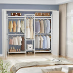 Homykic Bamboo Closet System Clothes Rack, Large Freestanding Garment Rack Clothing Rack for Hanging Clothes with 7 Storage Shelves and 5 Rods, Open Wardrobe Organizer with 4 Hooks, White