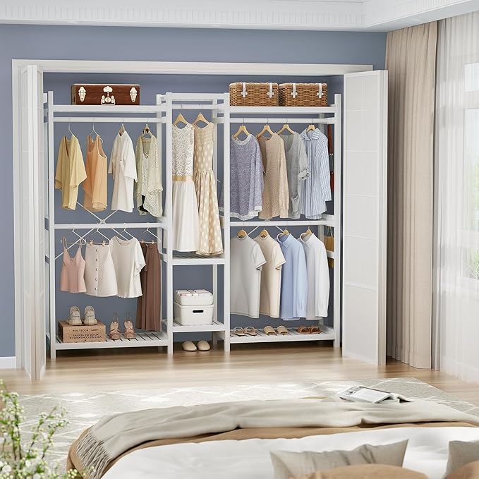 Homykic Bamboo Closet System Clothes Rack, Large Freestanding Garment Rack Clothing Rack for Hanging Clothes with 7 Storage Shelves and 5 Rods, Open Wardrobe Organizer with 4 Hooks, White