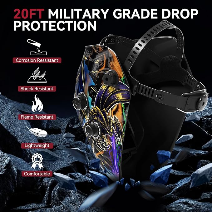 ARCCAPTAIN Auto Darkening Welding Helmet, 3.94"X3.66" Large Viewing Screen True Color Welding Hood with 4 Arc Sensor Solar Powered, Wide Shade 4-5/5-9/9-13 Welding Mask (Godzilla)