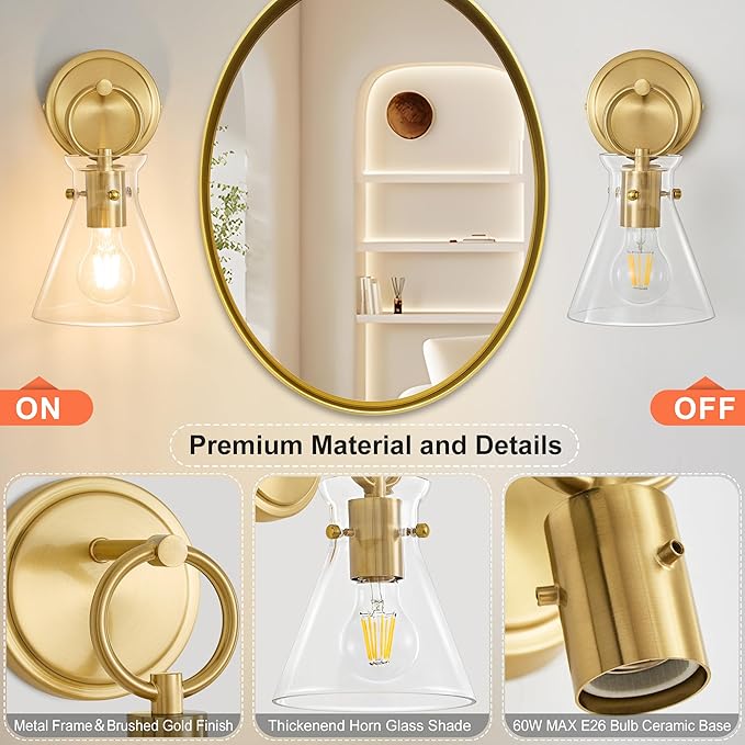 Gold Wall Sconces Set of 2 Modern Vanity Light Fixtures for Bathroom Wall Mount Lighting Lamp Hardwired Farmhouse Wall Lights with 6 Inch Clear Glass Shade for Bedroom Living Room Mirror