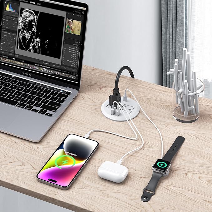 Jgstkcity 2-in-1 Desktop Power Grommet with USB-C Output, 125V, 12A, 2 AC Outlets, 3 USB Charging Ports, White