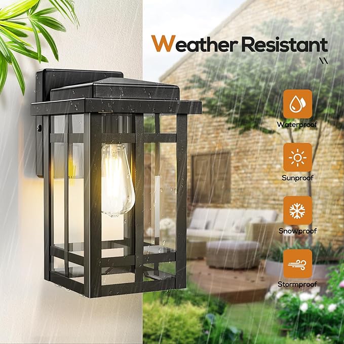 Outdoor Wall Light Fixtures 9.76'', Waterproof Porch Lights Lantern, Exterior Modern Matte Black Wall Mount Lighting, Anti-Rust E26 Socket Outside Scones for Front Door Garage Patio, 2 Pack