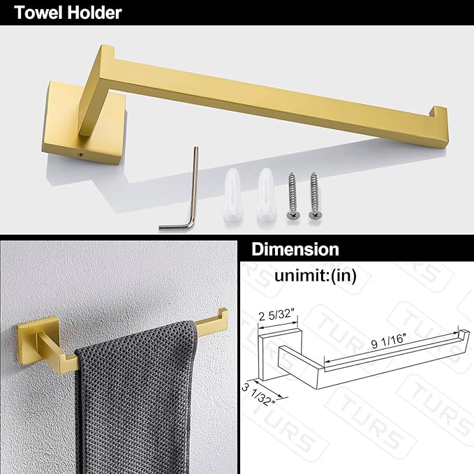 TURS 5-Pieces Bathroom Hardware Accessories Set Stainless Steel Brushed Gold Towel Bar Holder Sets, Wall Mounted,Q7LSJ-P5