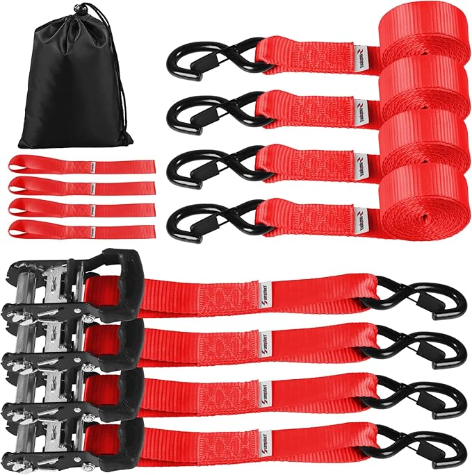 Heavy Duty Ratchet Straps for Trucks 4 PK 4400 LB 1.5" X10'Hold Containers Boat Tie Down Straps for Cargo/Pickup Truck Bed Toolbox Belt Accessories,Moving Furniture,Roof Rack Kayak Load Strap Red