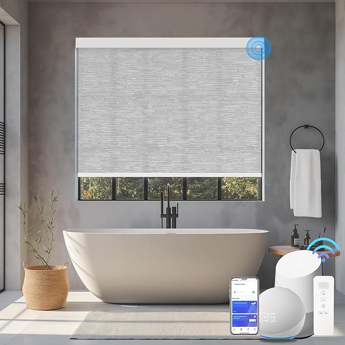 Motorized Blinds with Remote Cordless Automatic Motorized Shades Custom Blinds for Windows Smart Curtains Compatible with Alexa Google Home(Light Filtering Jacquard Grey,W51 x H72in)