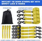 Truck Bed Tie Down Straps Ratchet Set 4 PK 15'x1.5 Inch 4400 lbs Load Rack Roof Car Accessories Heavy Duty Cargo Straps Ratching for Kayak,Moving Furniture,Boat,Trailer,Mattress Tie Downs Rope Yellow