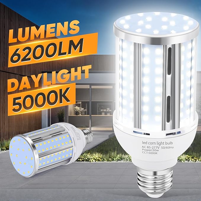 50W LED Corn Light Bulb(5 Pack),(490 Watt Equivalent) Fanless E26/E39 Medium/Large Mogul Base LED Cob Lamp 5000K Daylight 6,200LM for Outdoor Indoor Garage Warehouse Factory Workshop Street Backyard