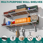 EVERHANGER Garage Wall Shelves, 12 X 48 Inch Wall Mounted Storage Shelves, Heavy Duty Metal Shelving with Hooks, 2 Pack, White