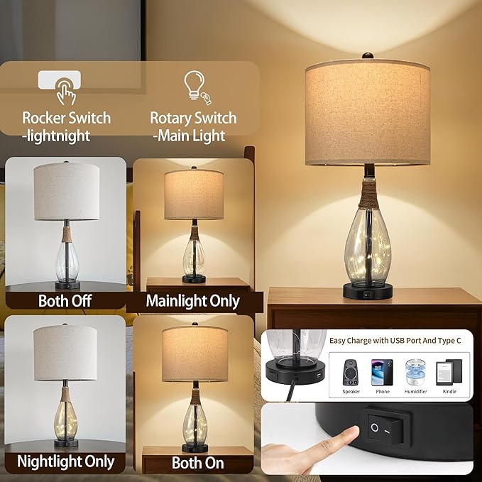 OYEARS 23" USB A+C Table Lamp for Bedroom Living Room Modern Bedside Lamps Retro Farmhouse Rattan Glass Nightstand Nightlight Lamps (Black),Two Light Points