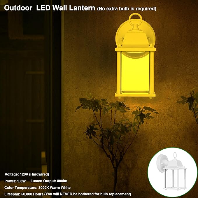 LIT-PaTH Outdoor LED Wall Lantern, Wall Sconce as Porch Light, 9.5W 800 Lumen, Aluminum Housing Plus Glass, 3000k-Matte White Finish, 2-Pack