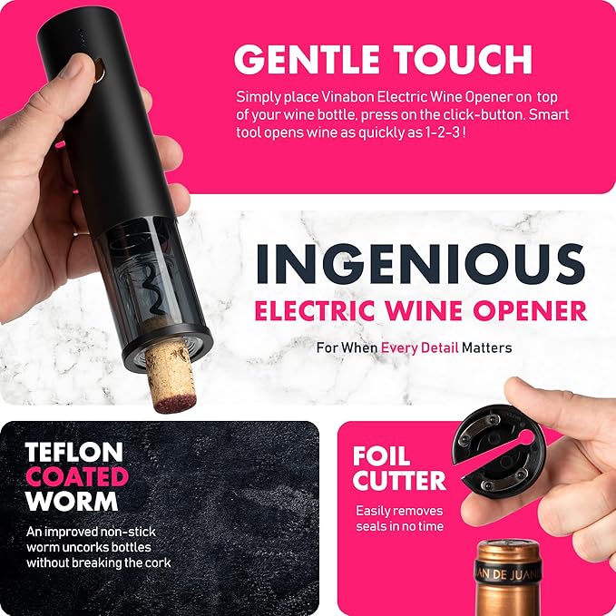 VINABON Electric Wine Opener 2026 - One-Touch Automatic Wine Bottle Opener Corkscrew - Rechargeable (Up to 100 Bottles/Charge) with Foil Cutter Stand, LED Indicator. Includes Wine Guide eBook