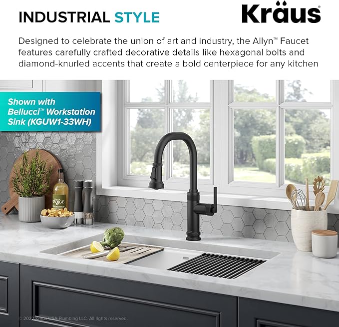 KRAUS Allyn Industrial Pull-Down Single Handle Kitchen Faucet in Matte Black, KPF-4102MB