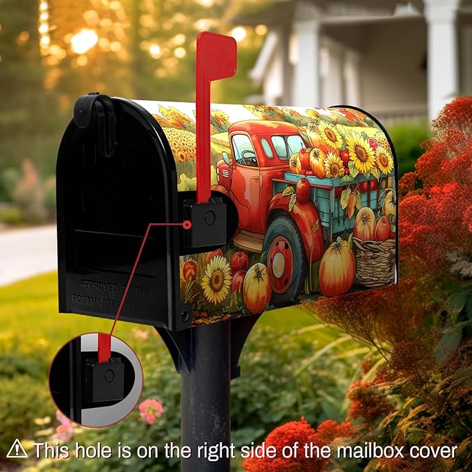 Fall Autumn Pumpkins Mailbox Covers Magnetic Large Size 25.5 X 21 Inch Autumn Harvest Yellow Sunflower Mailbox Wraps Cover Red Truck Thanksgiving Letterbox Cover for Garden Yard Outdoor Decor