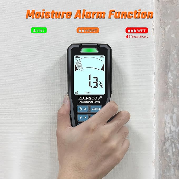 Pinless Moisture Meter for Home Inspection – Non-Destructive Water Leak Detector & Moisture Reader for Basements Walls, Wood, Drywall, Concrete, Masonry – Accurate Moisture Tester with EMF Technology
