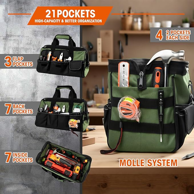 LLNDEI Heavy Duty Tool Bag, 15 Inch Portable Tool Organizer With 16-Pocket, Adjustable Strap & MOLLE System,Ideal Gift For Men & Fathers
