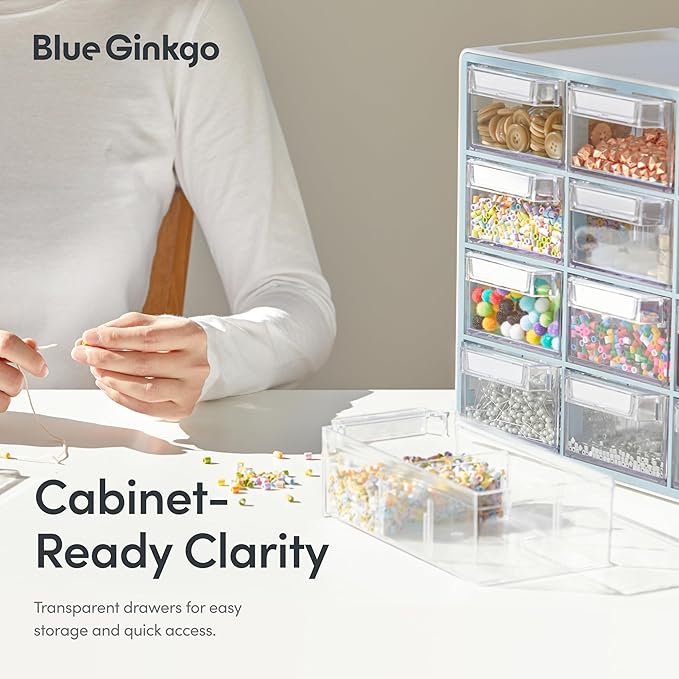 Blue Ginkgo Medium 16-Drawer Cabinet – Stackable Clear Organizer for Hardware, Beads, Plastic Bricks, Office, and Craft Storage (Made in Korea, Gray)