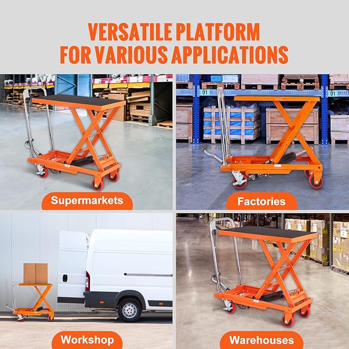 VEVOR Hydraulic Lift Table Cart, 500lbs Capacity 28.5" Lifting Height, Manual Single Scissor Lift Table with 4 Wheels and Non-Slip Pad, Hydraulic Scissor Cart for Material Handling, Orange