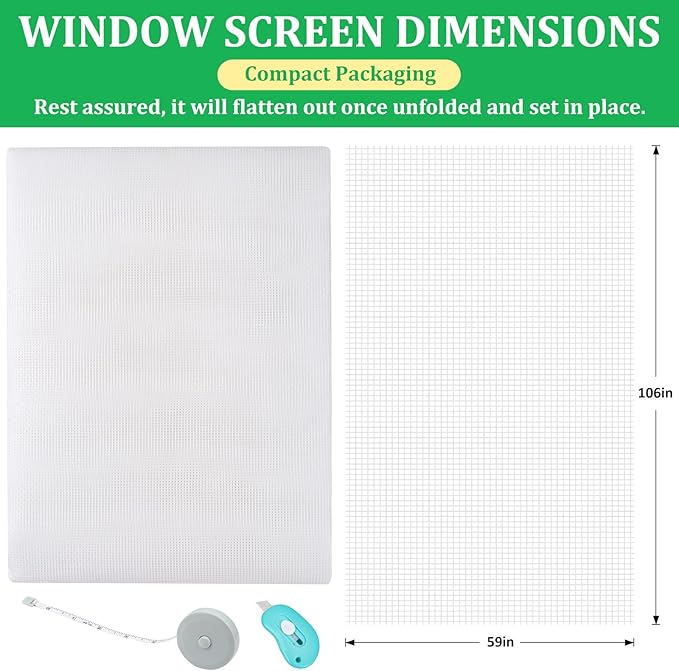 Windows Screen Replacement and Screen Door Repair Kit, 6Pcs Window Screen Fiberglass Mesh Kit - Window Screen & Screen Door Mesh & Screen Porch Repair Kit (White, 59" x 106")