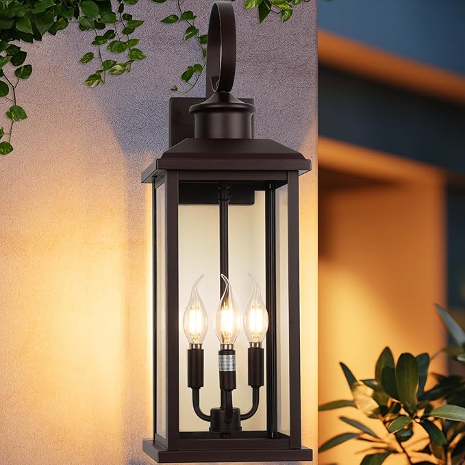 24" Outdoor Lighting Fixture- Bronze 3-Light Exterior Lighting Fixture Waterproof Modern Porch Sconce, Outside Lantern for House Garage Patio E12 Base