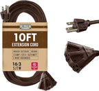 10 Ft Brown Extension Cord with 3 Electrical Power Outlet - 16/3 SJTW Heavy Duty Cable with 3 Prong Plug for Safety, 13 AMP for Heavy Appliances, Garden, Lawn, Lightning Decoration