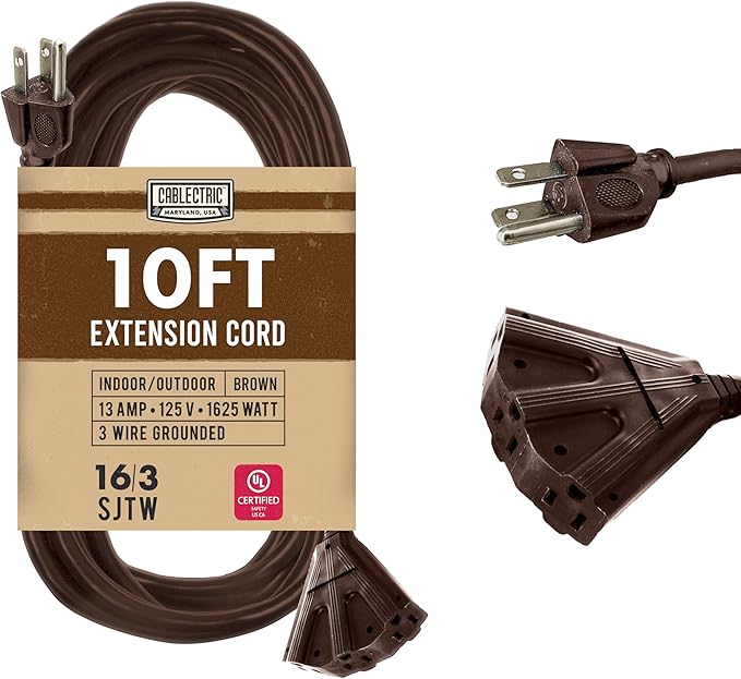 10 Ft Brown Extension Cord with 3 Electrical Power Outlet - 16/3 SJTW Heavy Duty Cable with 3 Prong Plug for Safety, 13 AMP for Heavy Appliances, Garden, Lawn, Lightning Decoration