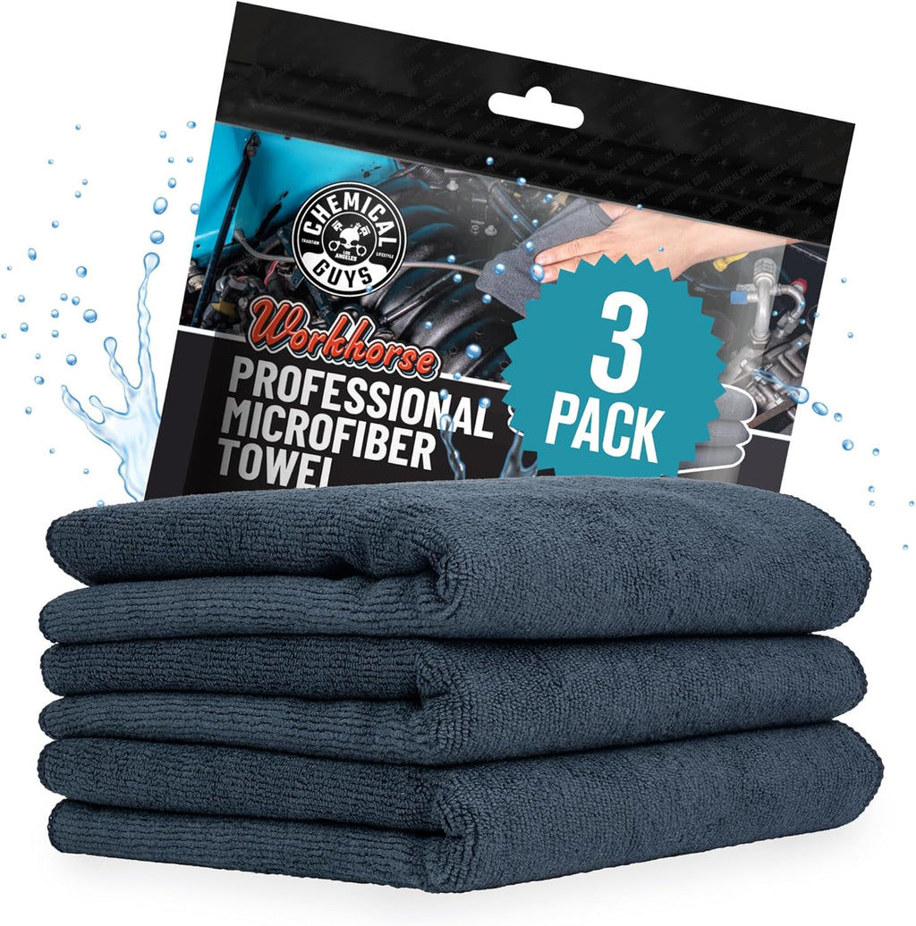 Chemical Guys Workhorse Professional Grade Microfiber Towels - Black 16x16 Inch Detailing Cloths for Cars, Home & Pet Drying, Ultra Soft & Scratch-Free, Perfect for Washing, Drying & Cleaning, 3 Pack