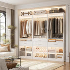 Unikito 50” W x 80'' H Closet Organizer Storage System with 2 Hanging Rod and 2 Wooden Drawers, Adjustable Shoes Rack, 4 Cubby Storage, Walk-in Closet Tower for Bedroom, Mudroom, and Entryway, White