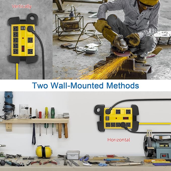 Heavy Duty Power Strip with USB, Workshop 8 Outlet Surge Protector 2700 Joules, Industrial Metal 15Amp Power Strip, 15 FT Extension Cord and Wide Spaced. Yellow