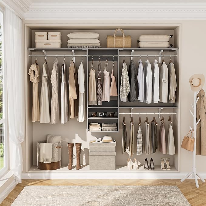 Cyclysio 96 Inch Closet Organizers and Storage, 8 FT Hanging Closet Organizer with 4 Adjustable Rods, Wardrobe Organizers with 3 Shelving Towers for 4-8FT Spaces(Cut-to-Fit), Gray