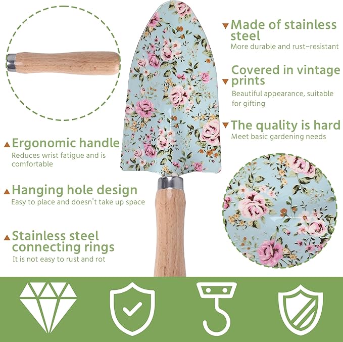 WNJ Gardening Tool Set, 10 PCS Heavy Duty Floral Pattern Garden Tools Set Kit, Complete Gardening Tool Bag Set, with Non-Slip Rubber Handle, Best Gifts for Women