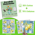 Blue Tiles Lemons Swedish Dishcloths, 6 Pack Reusable Swedish Dish Cloths for Kitchen, Washable Absorbent Dish Towel Rag Set Cellulose Sponge Cloths Housewarming Gifts