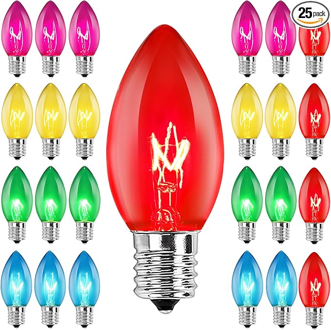 C9 Multicolor Christmas Light Bulbs, Vintage Incandescent Replacement Bulbs for Christmas String Lights, E17 Intermediate Base 7W Night Light Bulbs for Indoor Outdoor Holiday Decor, 25 Pack
