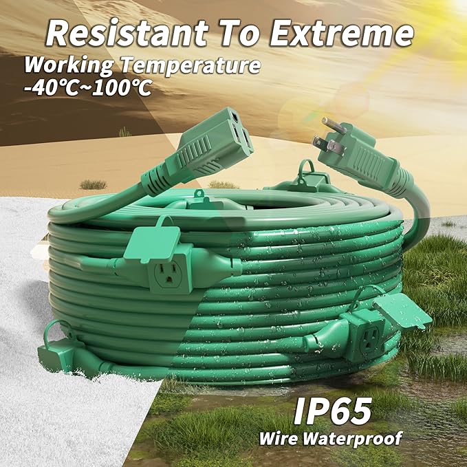 50 FT Green Outdoor Extension Cord with Multiple Outlets, 16/3 Gauge Outdoor Green Extension Cord Evenly Spaced 6 Outlets Plugs Waterproof, 13AMP 1625W 125V 16AWG SJTW, ETL Listed