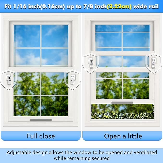 2 Pack Window Locks, Diecast Durable Design, Compatible with Horizontal and Vertical Window, Fit 1/16 inch(0.16cm) up to Wide Rail Easy Installation, Enhanced Safety (Silver)