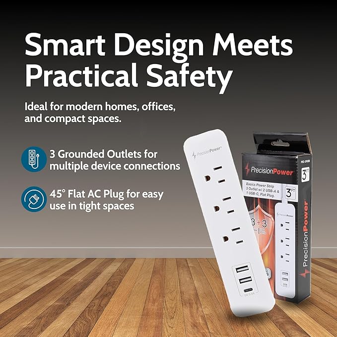 Precision Power Flat Plug Surge Protector Extension with 3 feet Cord – Compact Heavy Duty Power Strip & Flat Plug with 3 AC Outlets, 3 USB Ports for Home and Office