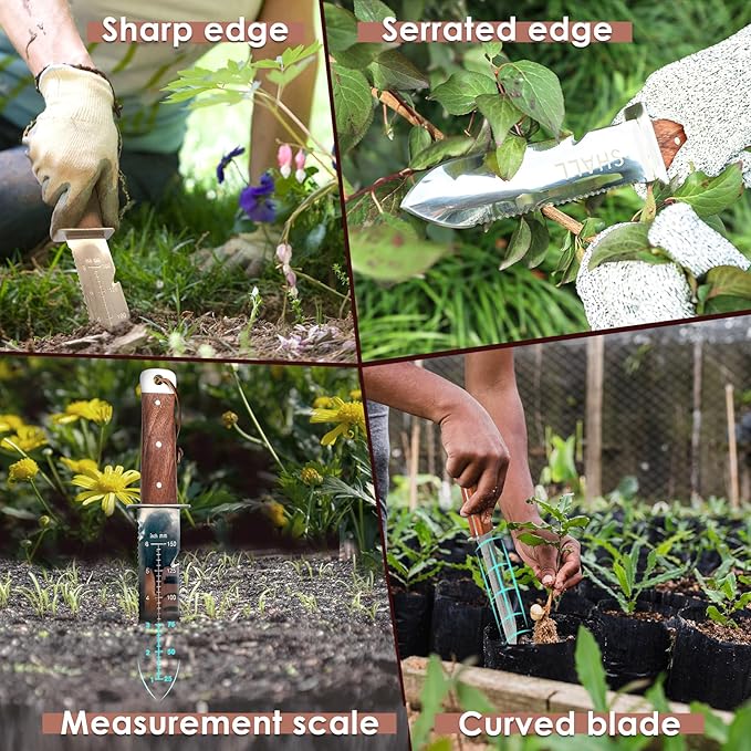 SHALL Hori Hori, Japanese Garden Knife, Soil Knife with Leather Sheath, Rosewood Handle & Hide Rope, 7” Stainless Steel Blade, Rope Cutting Edge, for Digging, Weeding, Planting, Full-Tang