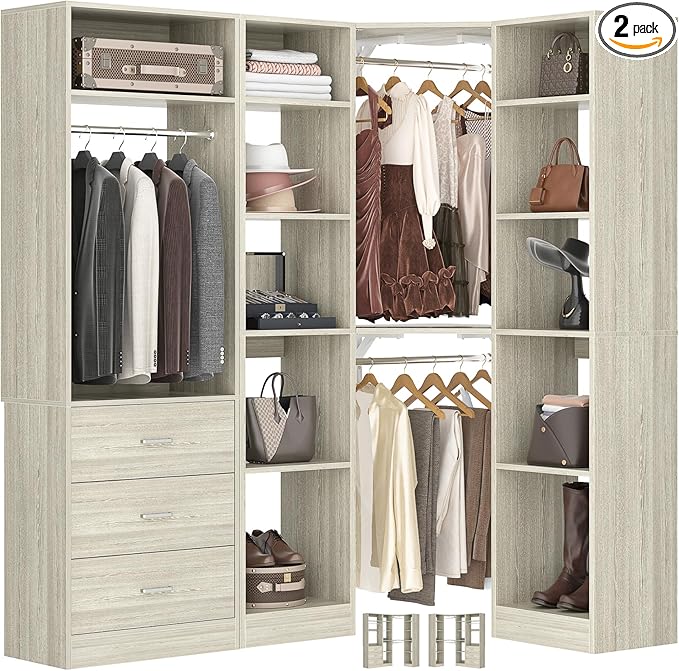 Corner Closet System with 3 Drawers, Corner Closet Organizer System with 13 Shelves & 3 Hanging Rods, 63.2"L * 39.2"W Reversible L Shaped Walk-in Closets, Load 2000+LBS, White Oak