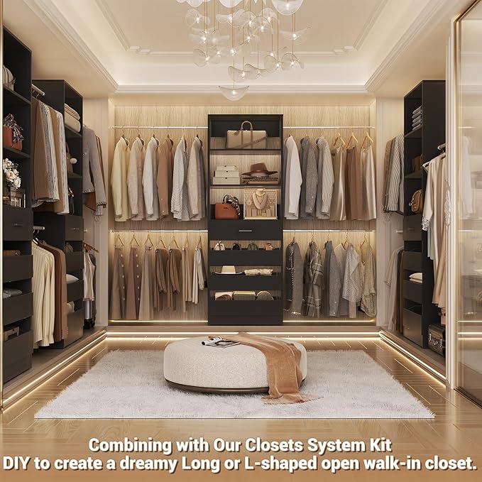 Aheaplus Closet System Set of 2, 4-9Ft Wood Closet Organizer with Drawers & Shelves, Closet Organizer System with 8 Hanging Rods, Walk-in Closets Organizer Wardrobe Closet Rack, Black