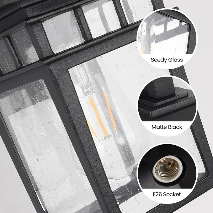 Outdoor Wall Lantern, Exterior Lighting Fixtures Wall Mount, 2 Pack Black Outdoor Sconce with Seeded Glass, Dusk to Dawn Exterior Porch/Patio Lights for House Front Door Garage