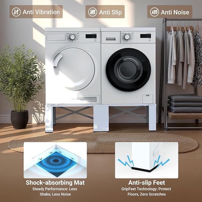 SKM 28" Dual-Pack Washer and Dryer Pedestals - Heavy-Duty Steel Laundry Stand Raiser for Washing Machine and Dryer, Compatible with Most 4.8-5.3 cu. ft. Capacity Appliances, White