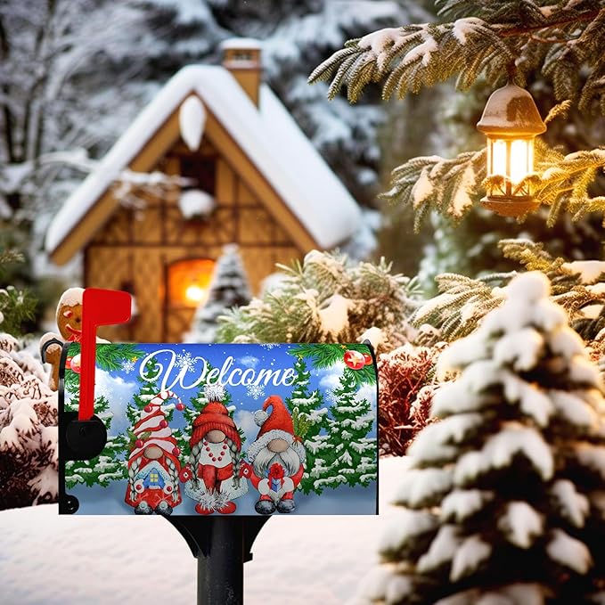 Winter Gnomes Welcome Mailbox Cover Magnetic Standard Size Snow Pine Tree Mailbox Cover Snowflake Post Mailbox Wraps Waterproof Xmas Decor for Yard Garden 18 X 21 Inch