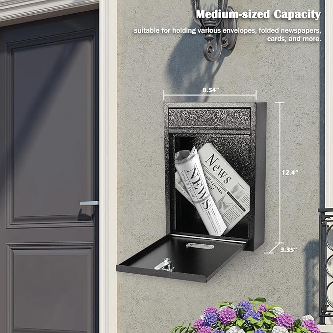 KYODOLED Key Lock MailBoxes for Outside, Locking Wall Mount Mailbox, Security Key Drop Box for Letters Newspapers, Cards, 12.4H x 8.54L x 3.35W Inches, Black