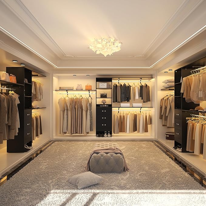 Armocity 120 Inches Closet System, 10FT Walk In Closet Organizer with 3 Shelving Towers, Heavy Duty Clothes Rack with 3 Drawers, Built-In Garment Rack, 120" L x 16" W x 75" H, Max Load 1300 LBS, Black