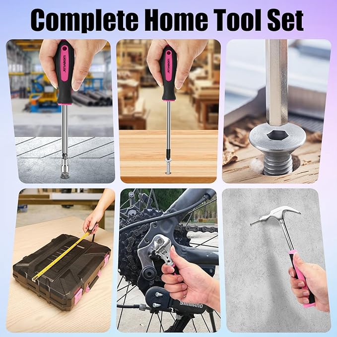 Drill Set: Tool Set with 8V Pink Cordless Drill, Home Tool Kit with Drill, Hand Tool Kits for Women, Homeowner, Diyer, Handyman, 127Piece