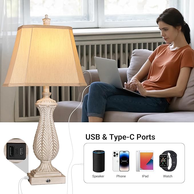 3-Way Dimmable Table Lamps for Bedrooms Set of 2, Light Wood Mermaid Bedside Lamp for Nightstand, 30" H Touch Lamps for Living Room with USB & Type-C Ports, Resin Farmhouse Rustic Lamp with 2 Bulb