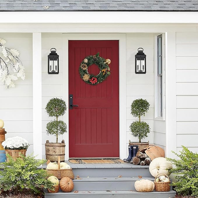 15" Dusk to Dawn Black Outdoor Wall Lantern 2-Light, Outside Modern Wall Sconce Light Fixture, Industrial Porch Light with E12 Sockets, Waterproof Exterior Lamp Lighting, Black